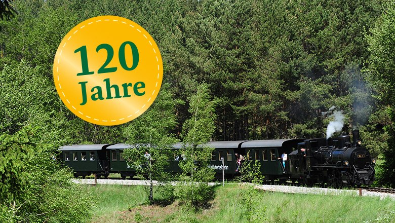 120 Jahre Dampflok Mh, © NÖVOG/knipserl.at Ein historischer Zug fährt durch eine grüne Waldlandschaft. Ein gelbes Emblem mit der Aufschrift '120 Jahre' ist im Bild zu sehen.