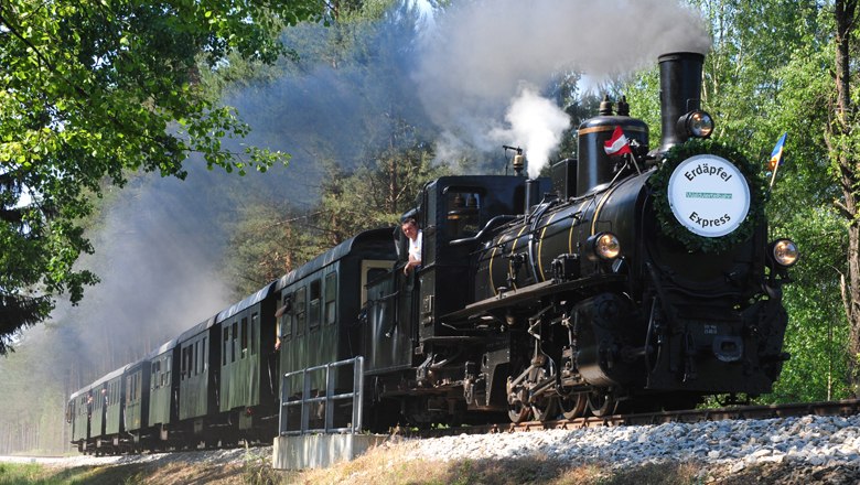 Erdäpfelexpress der Waldviertelbahn, © NB/knipserl.at Historische Dampflok der Waldviertelbahn fährt durch eine bewaldete Landschaft.