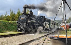 Eine Dampflokomotive f&auml;hrt auf Schienen, w&auml;hrend im Vordergrund ein Kessel mit Gulasch &uuml;ber einem Feuer h&auml;ngt.