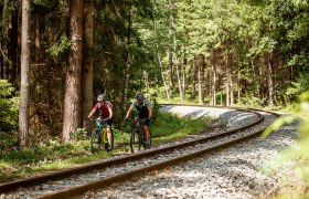 Radfahrer fahren neben Schienen der Waldviertelbahn