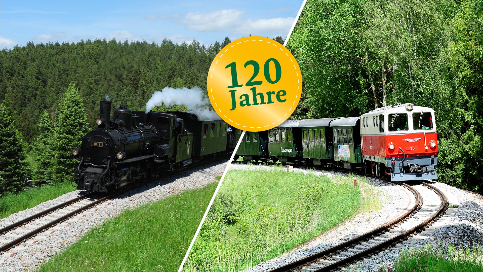 Zweiteiliges Motiv mit Dampflok und roter Schmalspurbahn im Wald; in der Mitte ein gelber Kreis mit „120 Jahre“.