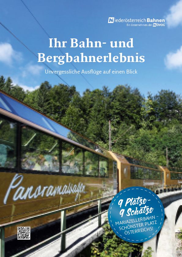 Titelblatt des Gruppenkatalogs „Ihr Bahn- und Bergbahnerlebnis“ mit Panoramawagen der Mariazellerbahn, Auszeichnung und QR-Code.