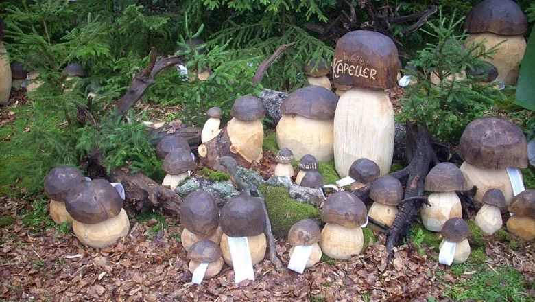 Zahlreiche geschnitzte Holzpilze in unterschiedlichen Größen stehen zwischen Moos, Laub und Fichtenzweigen.