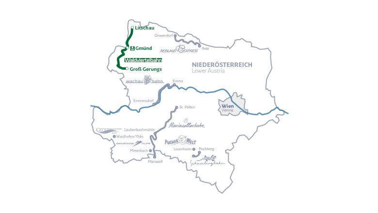 illustrierte Niederösterreichkarte mit Waldviertelbahnroute