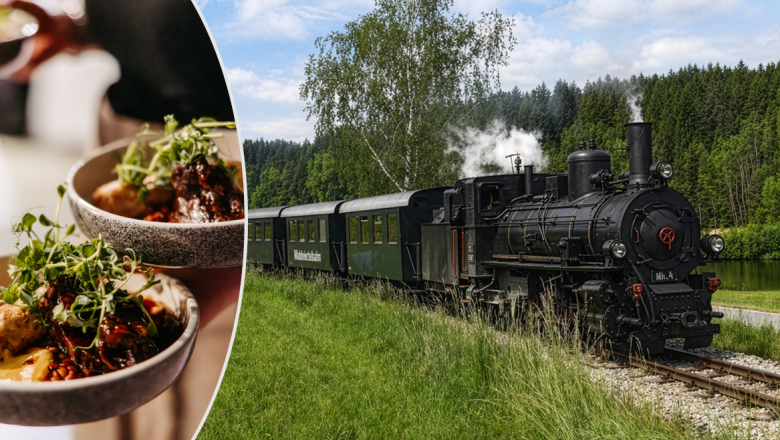 Eine Dampflokomotive f&auml;hrt durch eine gr&uuml;ne Landschaft, daneben ein Bild von zwei Schalen mit Gourmet-Essen.