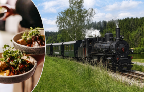 Eine Dampflokomotive f&auml;hrt durch eine gr&uuml;ne Landschaft, daneben ein Bild von zwei Schalen mit Gourmet-Essen.