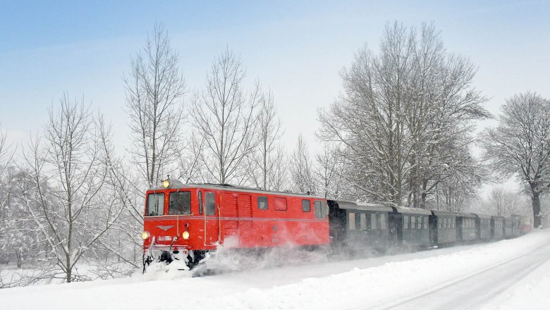 Roter Zug fährt durch verschneite Landschaft mit kahlen Bäumen.