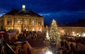Weihnachtsmarkt bei Nacht mit beleuchtetem Weihnachtsbaum und historischem Rathausgebäude im Hintergrund