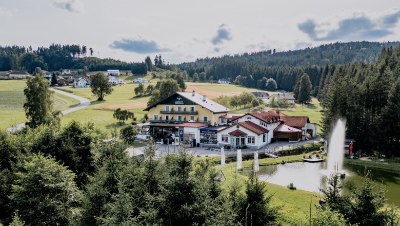 Landschaft mit Geb&auml;uden, Teich und Wald im Hintergrund.