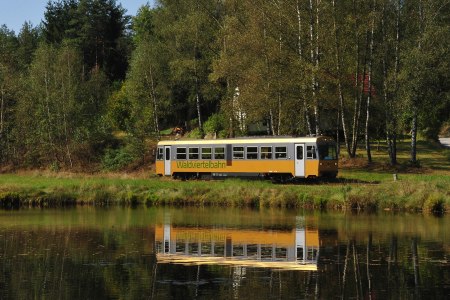 Der golden Dieseltriebwagen führt an einem Teich vorbei.