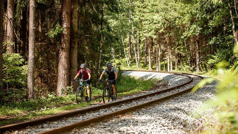 Zwei Personen fahren mit Mountainbikes auf einem Waldweg entlang der Gleise der Waldviertelbahn.