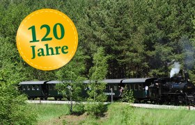 Ein historischer Zug f&auml;hrt durch eine gr&uuml;ne Waldlandschaft. Ein gelbes Emblem mit der Aufschrift '120 Jahre' ist im Bild zu sehen.