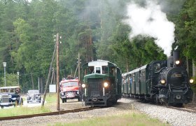 Ein Oldtimer-Auto, ein historischer Bus und eine Dampflokomotive auf einer l&auml;ndlichen Stra&szlig;e und Schiene.