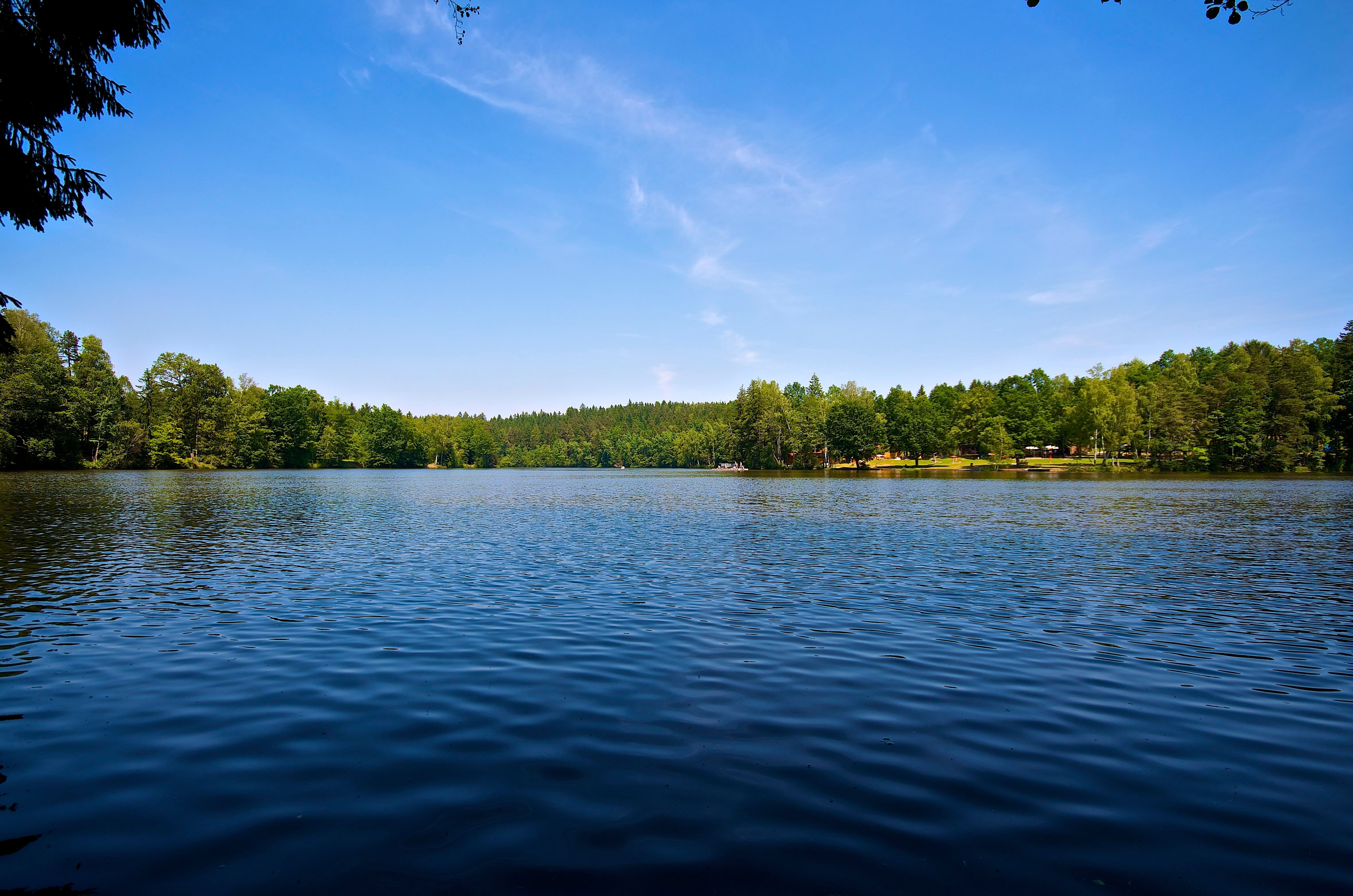 Blick auf den Herrensee mit bewaldetem Ufer und blauem Himmel.